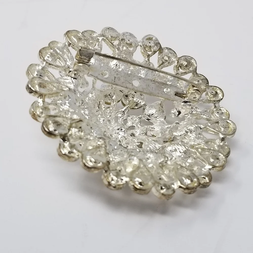 Large Clear Rhinestone Brooch Tiered Silver Tone Round 3D Flower Pin Teardrop